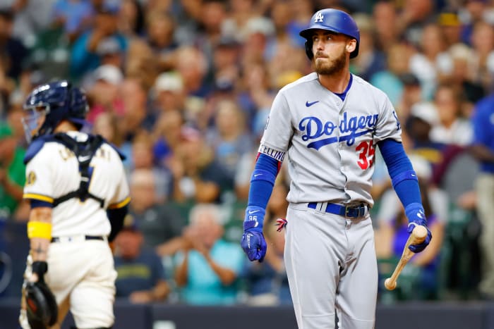 Cody Bellinger reacts after striking out.